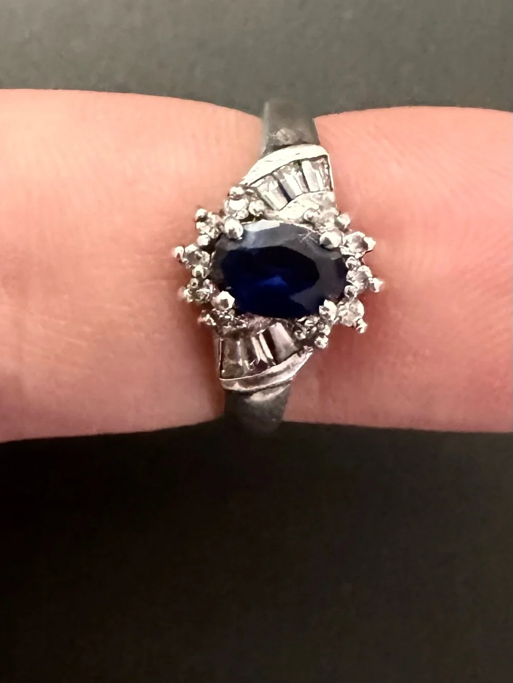 Vintage Blue Sapphire Halo Ring 925 Sterling Silver Art Deco Engagement